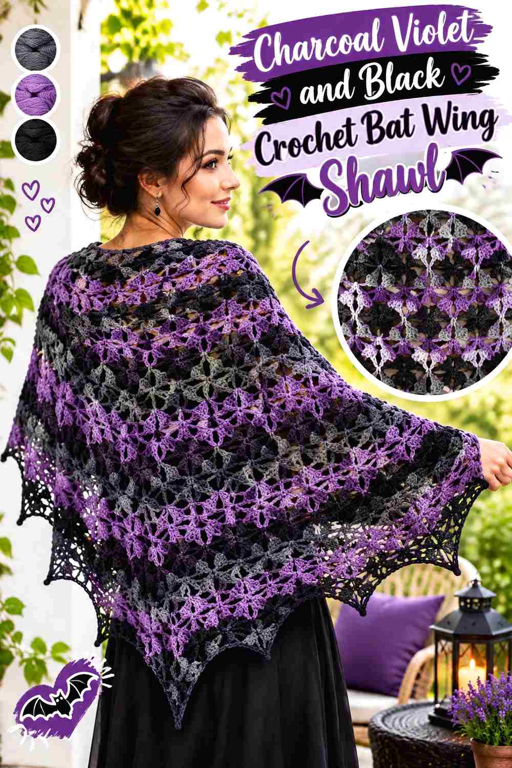 2. Charcoal Violet And Black Crochet Bat Wing Shawl