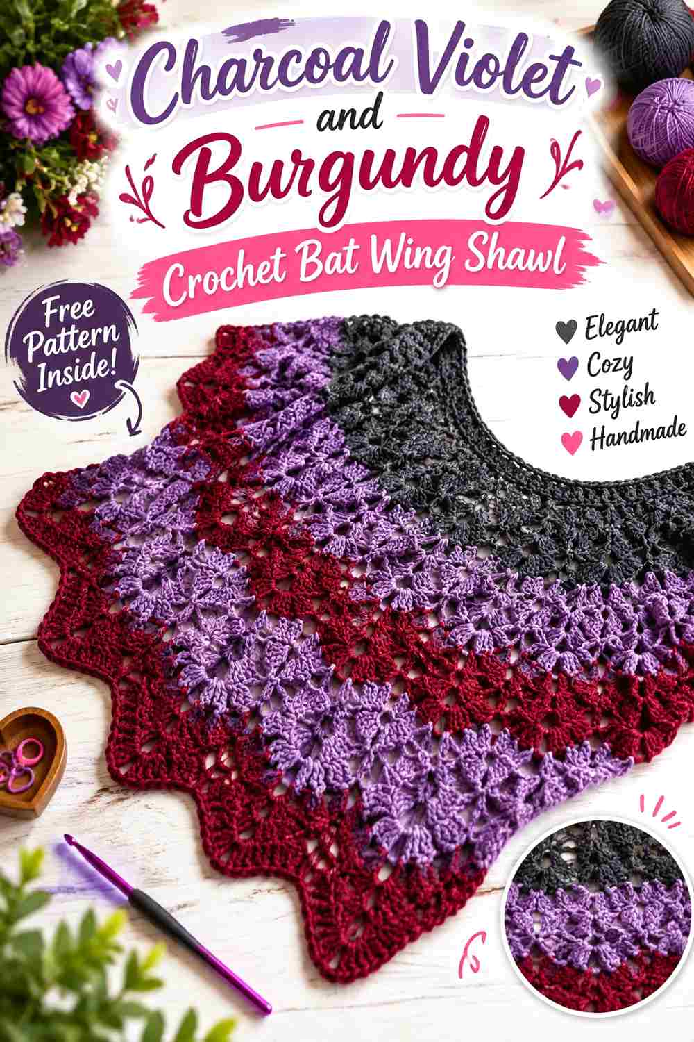 5. Charcoal Violet And Burgundy Crochet Bat Wing Shawl
