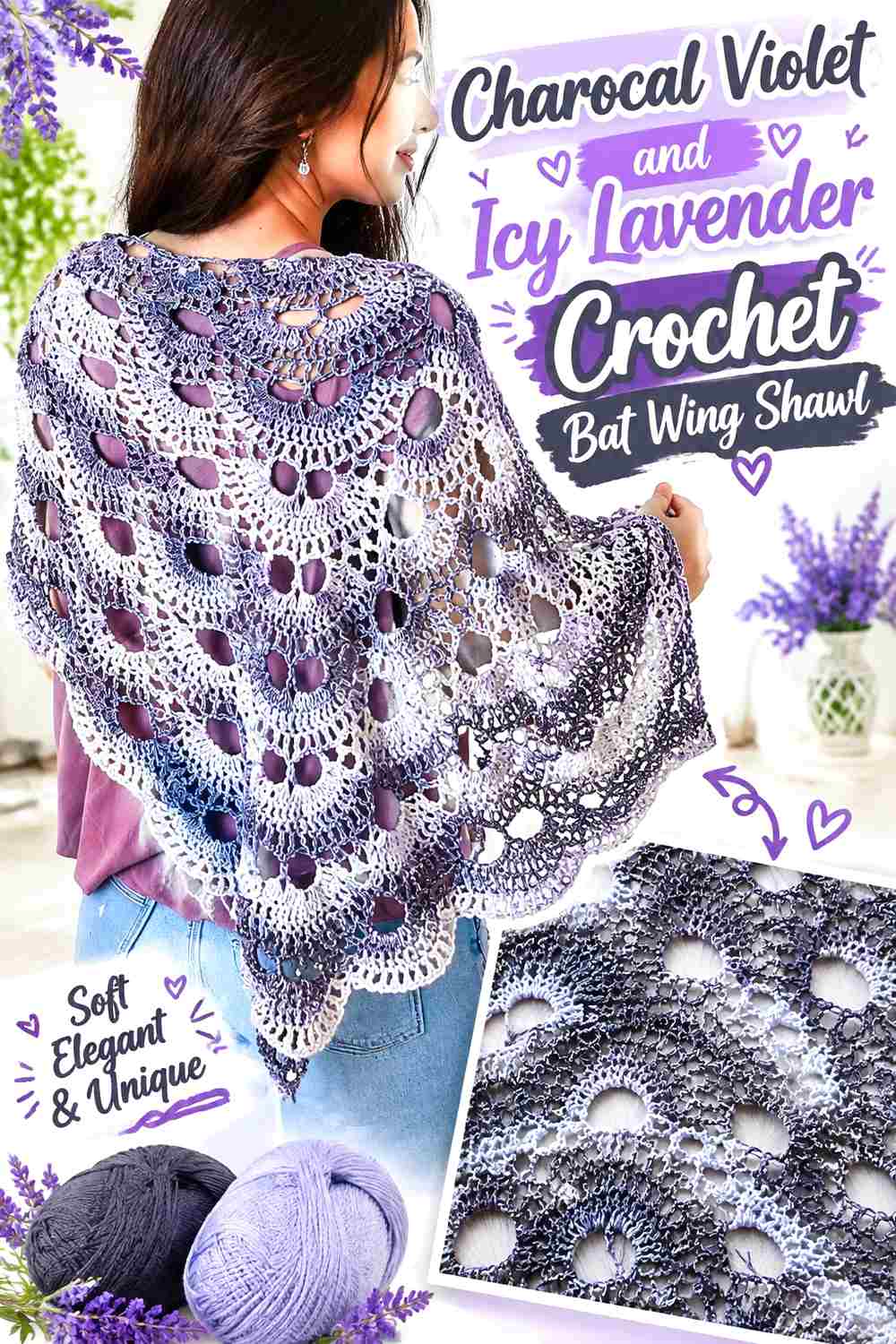 14. Charcoal Violet And Icy Lavender Crochet Bat Wing Shawl