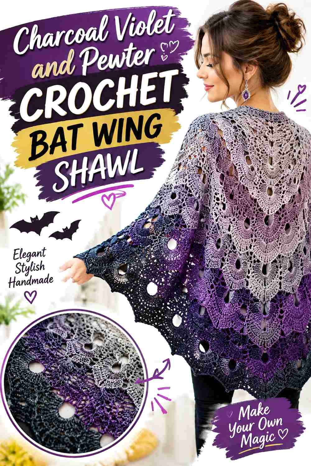 16. Charcoal Violet And Pewter Crochet Bat Wing Shawl