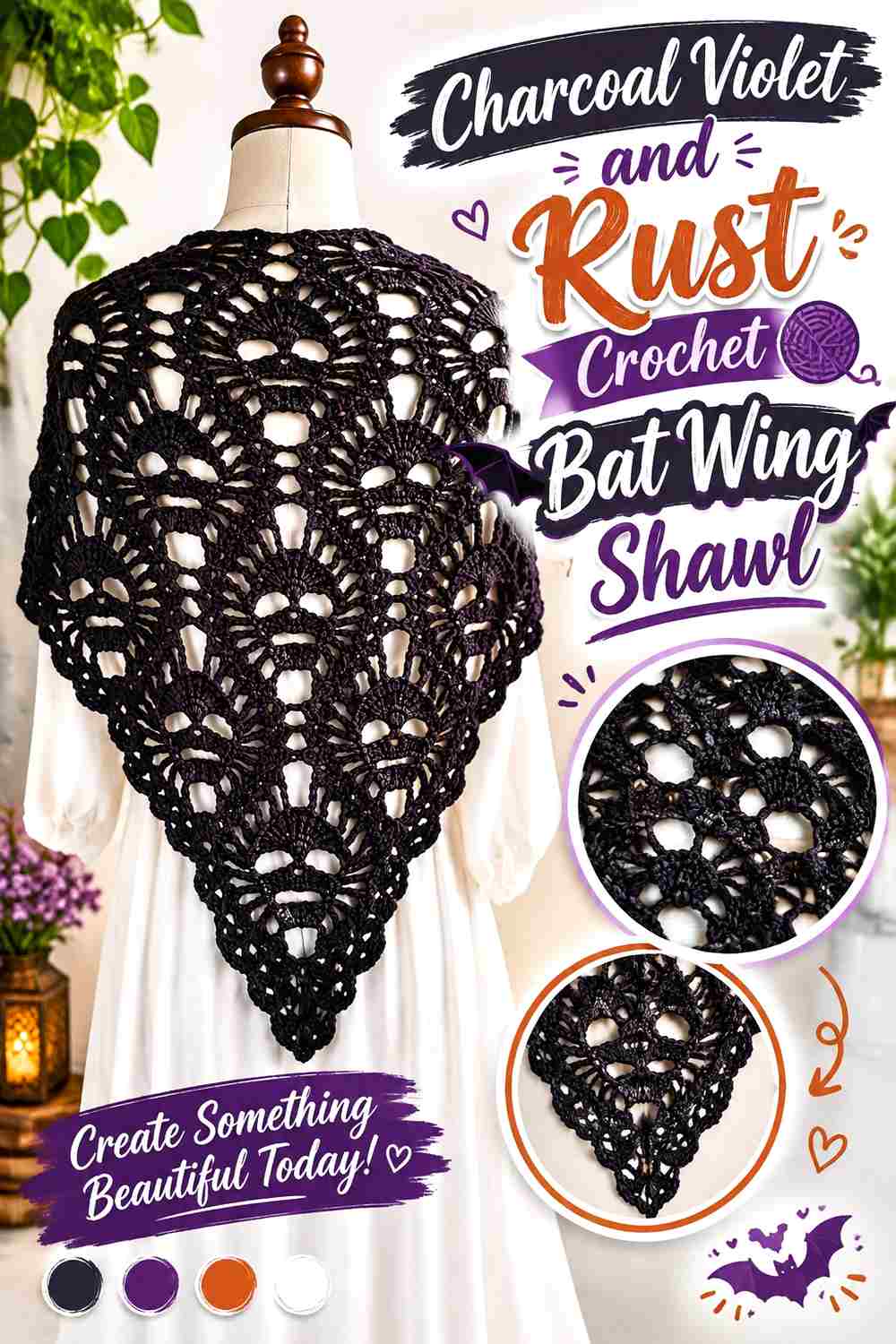 11. Charcoal Violet And Rust Crochet Bat Wing Shawl