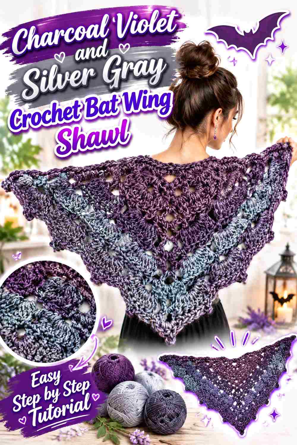 1. Charcoal Violet And Silver Gray Crochet Bat Wing Shawl