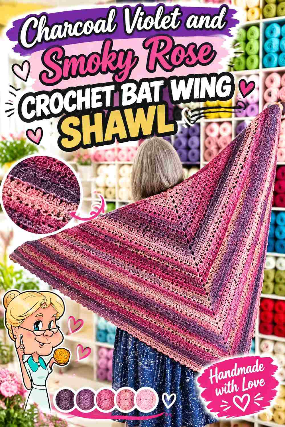 13. Charcoal Violet And Smoky Rose Crochet Bat Wing Shawl