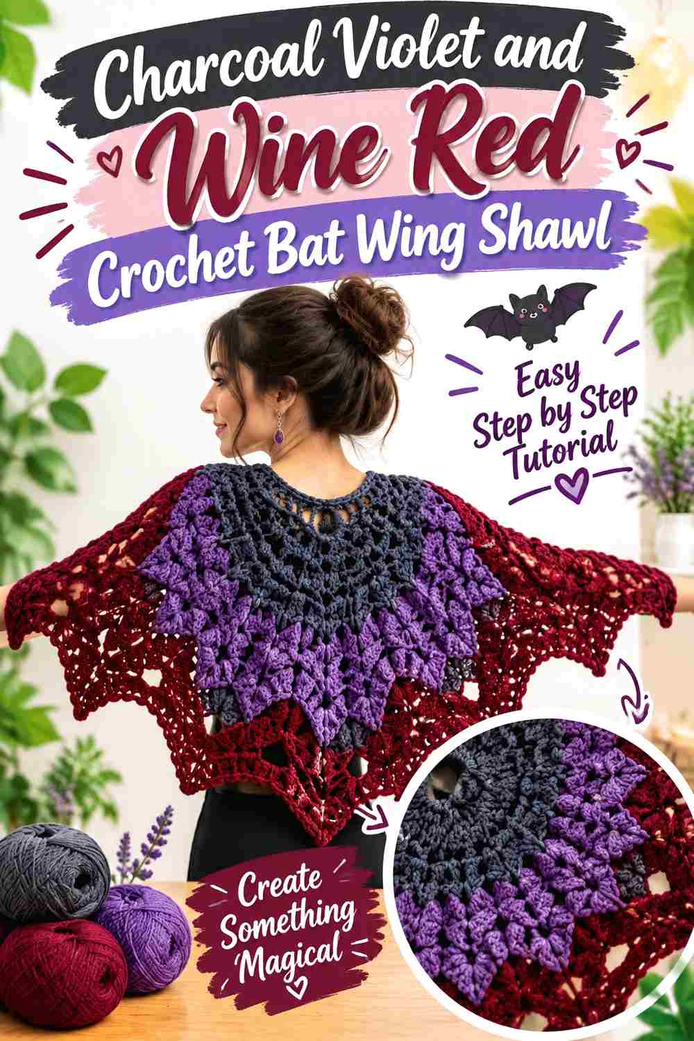 17. Charcoal Violet And Wine Red Crochet Bat Wing Shawl