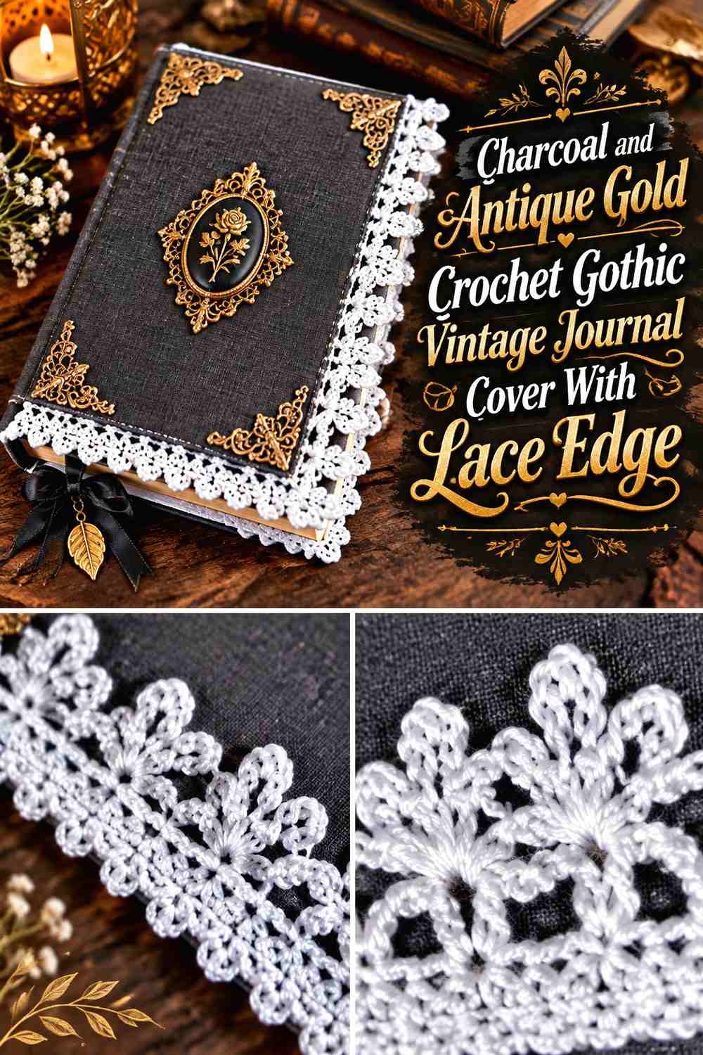 Charcoal and Antique Gold Crochet Gothic Vintage Journal Cover With Lace Edge