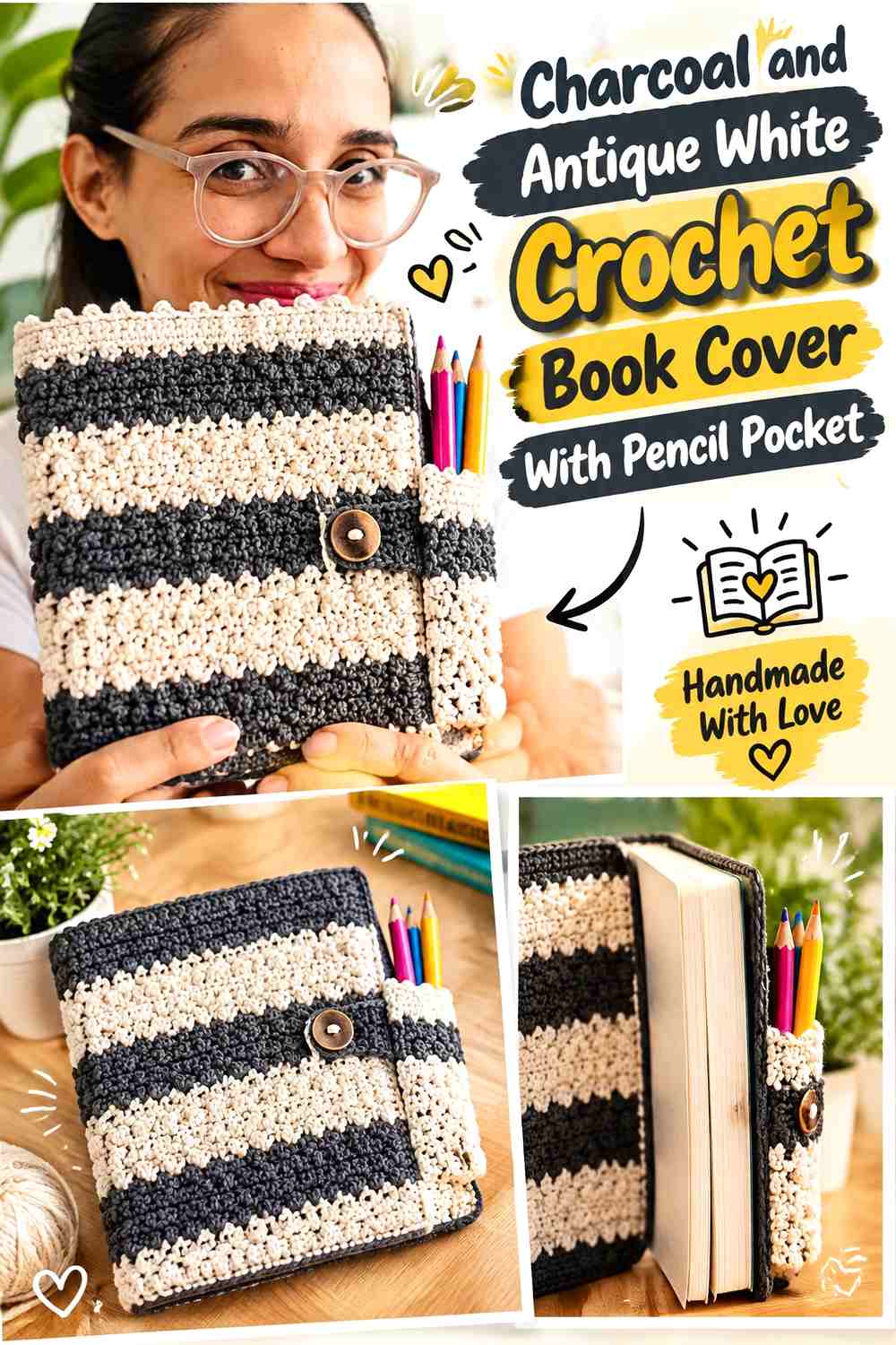 Charcoal and Antique White Crochet Book Cover With Pencil Pocket