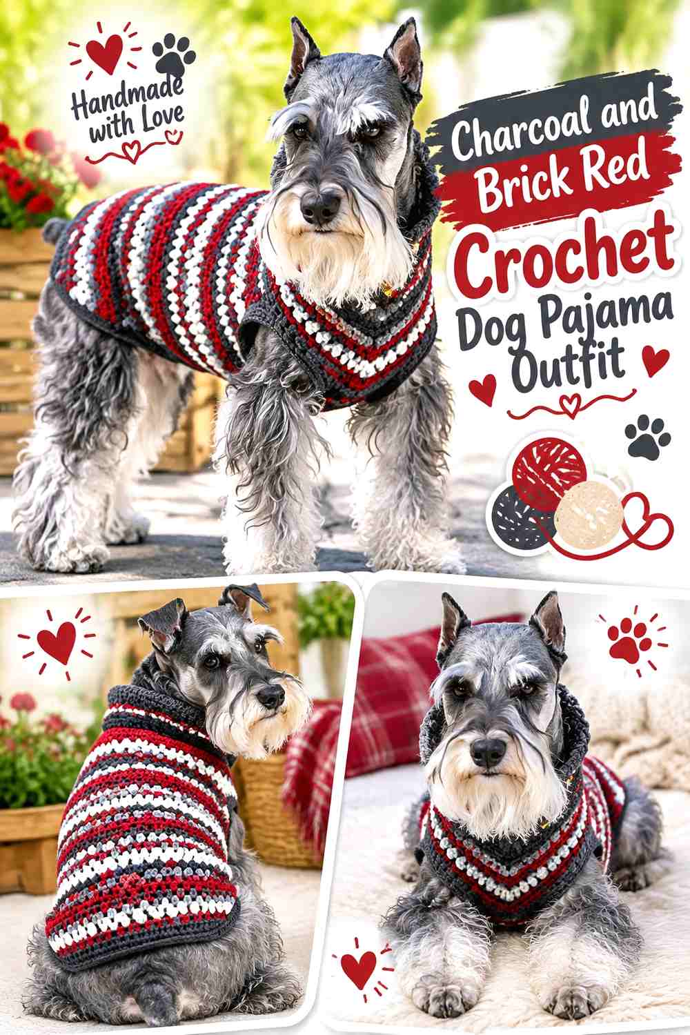 Charcoal and Brick Red Crochet Dog Pajama Outfit