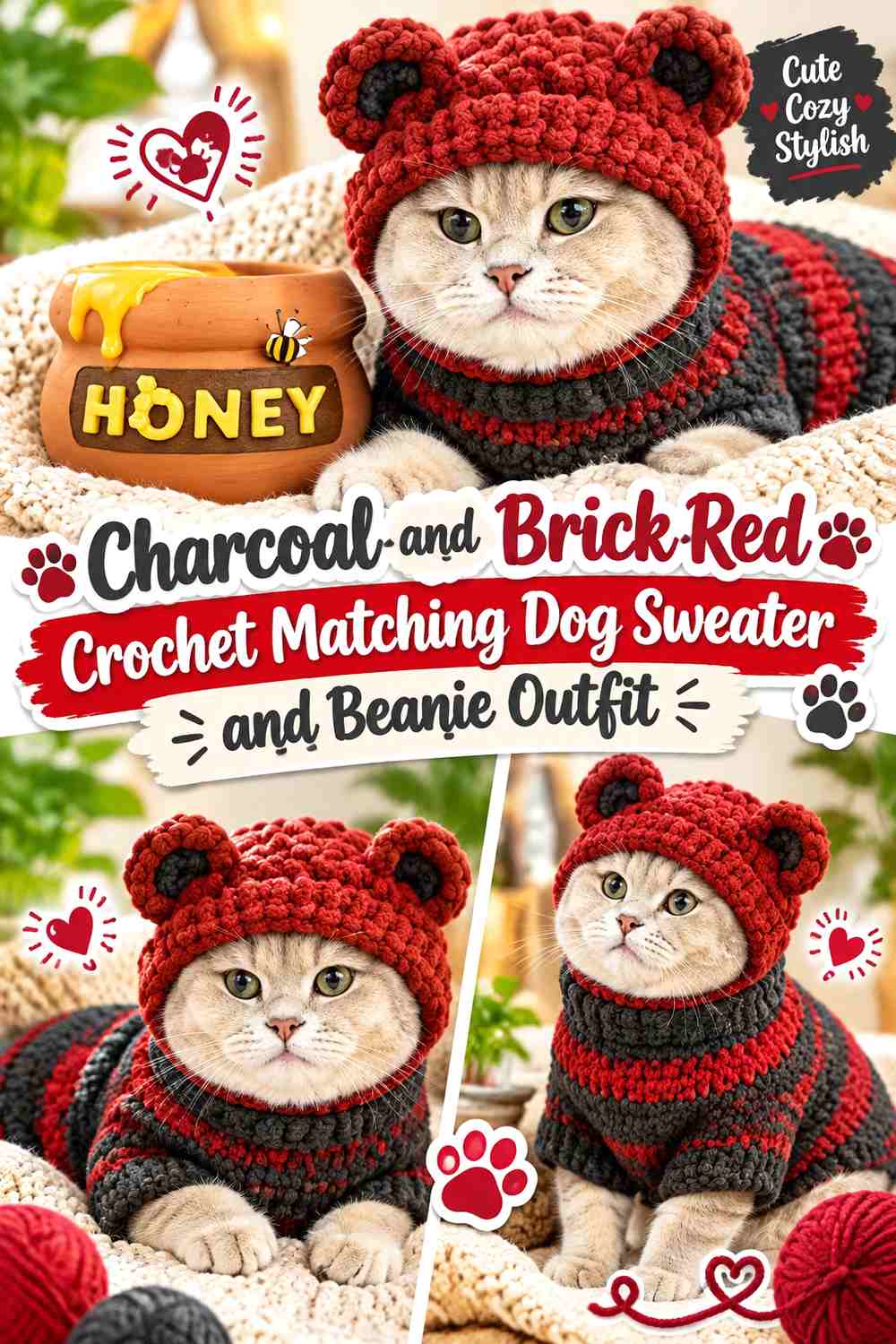 Charcoal and Brick Red Crochet Matching Dog Sweater and Beanie Outfit