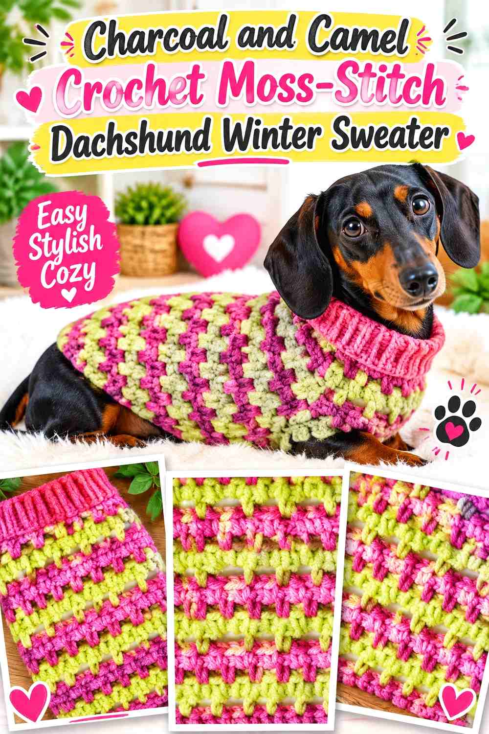 Charcoal and Camel Crochet Moss-Stitch Dachshund Winter Sweater