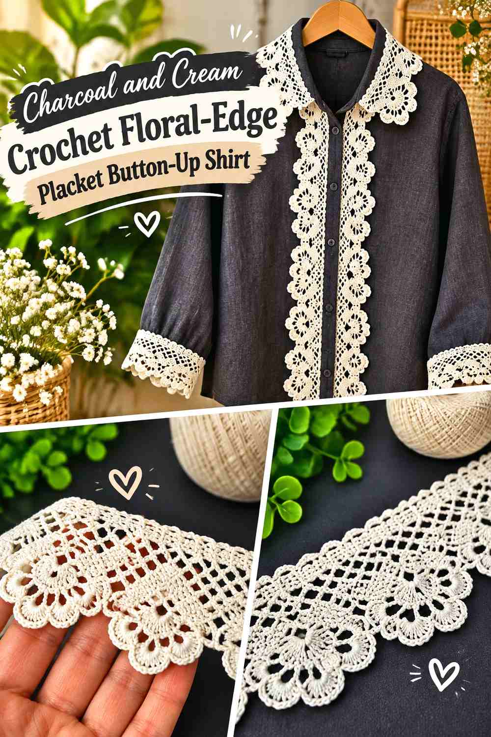 Charcoal and Cream Crochet Floral-Edge Placket Button-Up Shirt