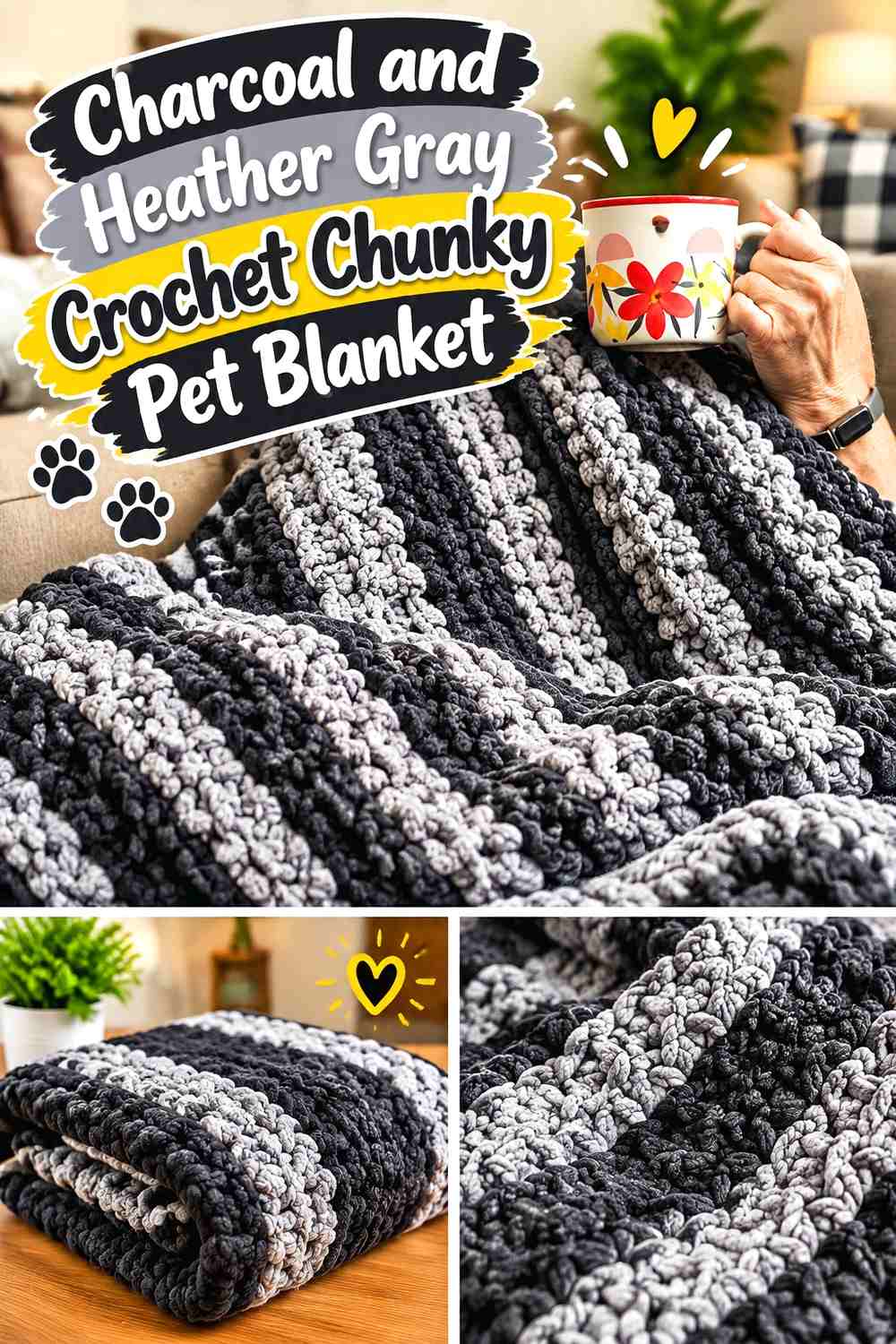 Charcoal and Heather Gray Crochet Chunky Pet Blanket