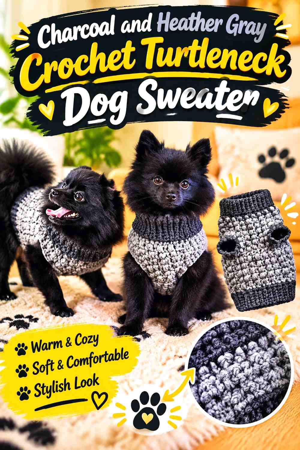 Charcoal and Heather Gray Crochet Turtleneck Dog Sweater