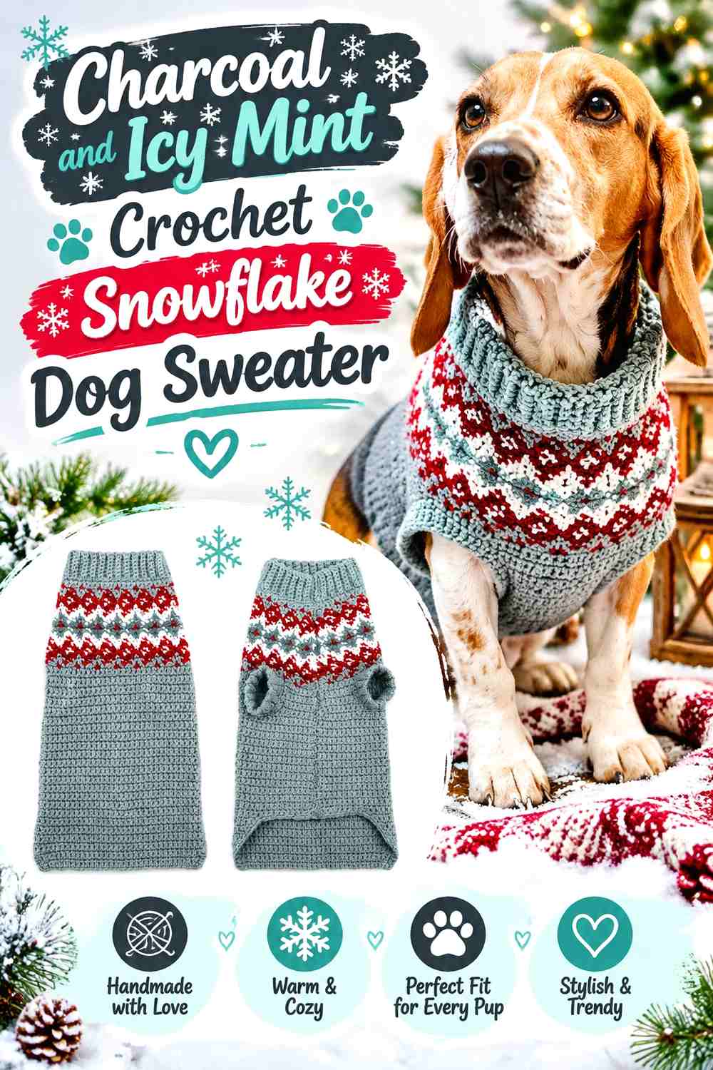 Charcoal and Icy Mint Crochet Snowflake Dog Sweater