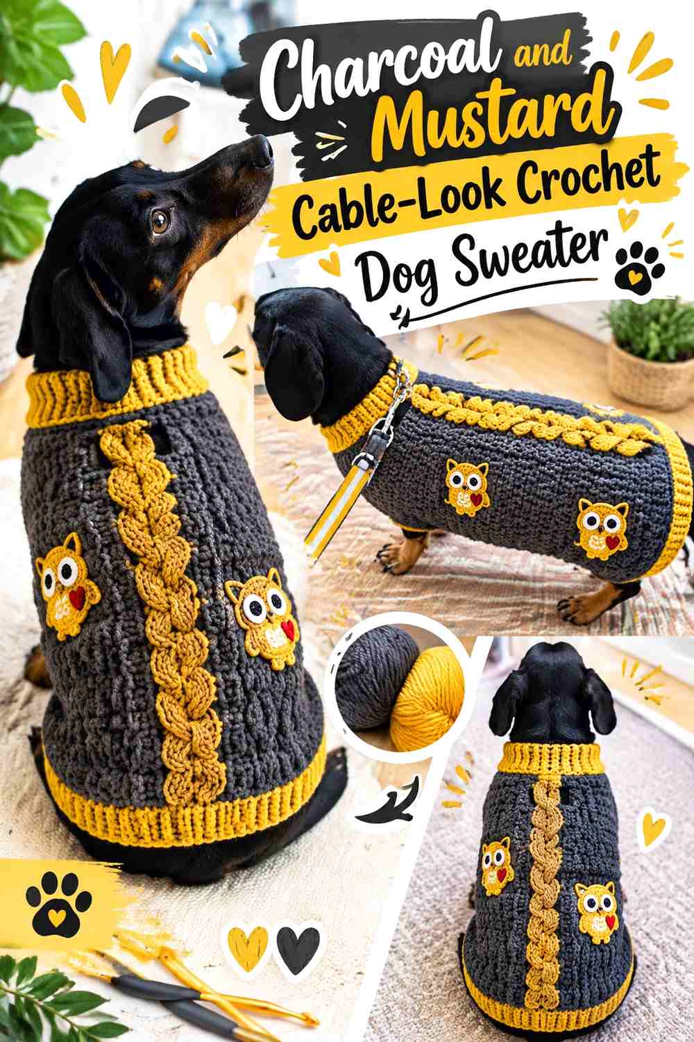 Charcoal and Mustard Cable-Look Crochet Dog Sweater