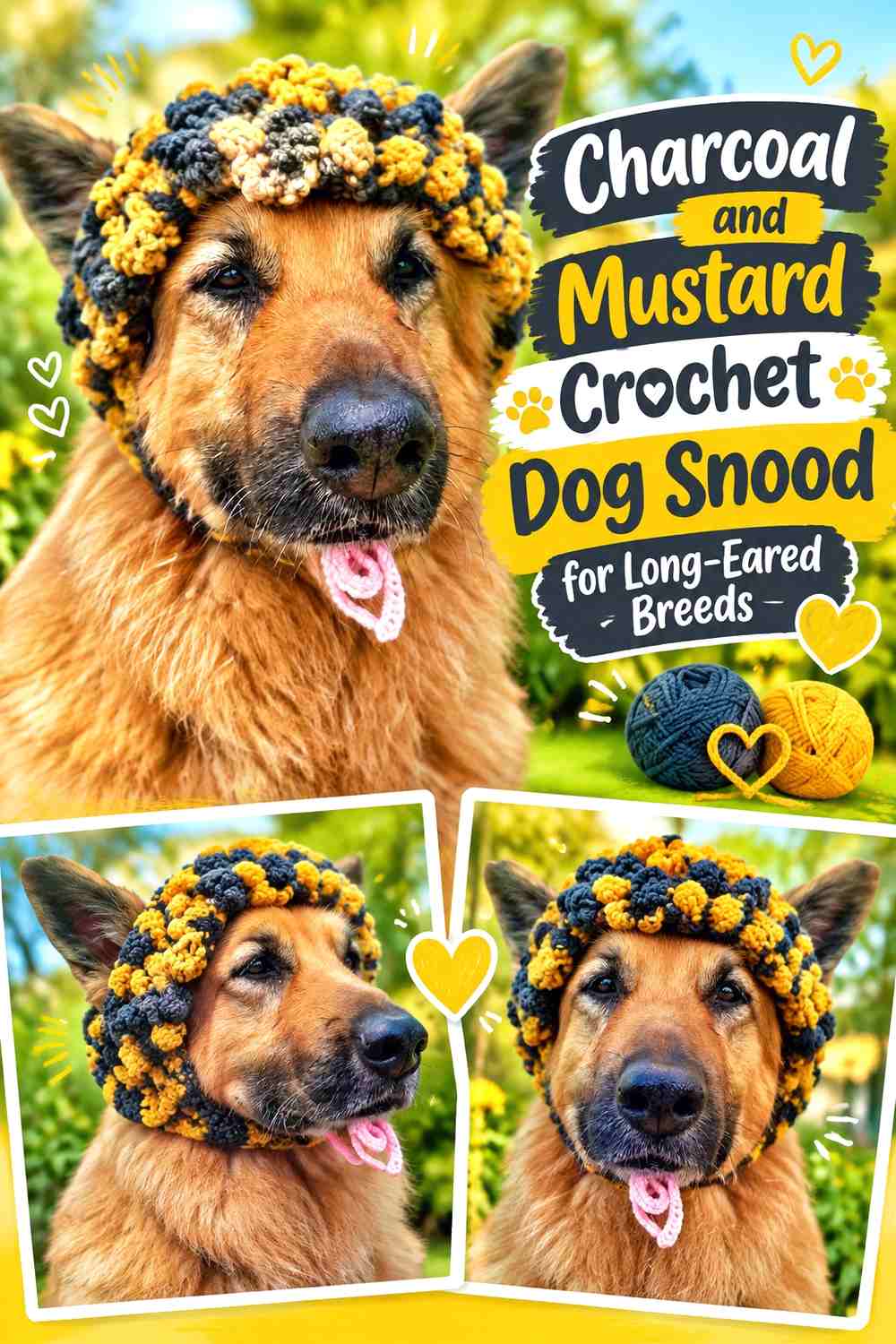 Charcoal and Mustard Crochet Dog Snood for Long-Eared Breeds