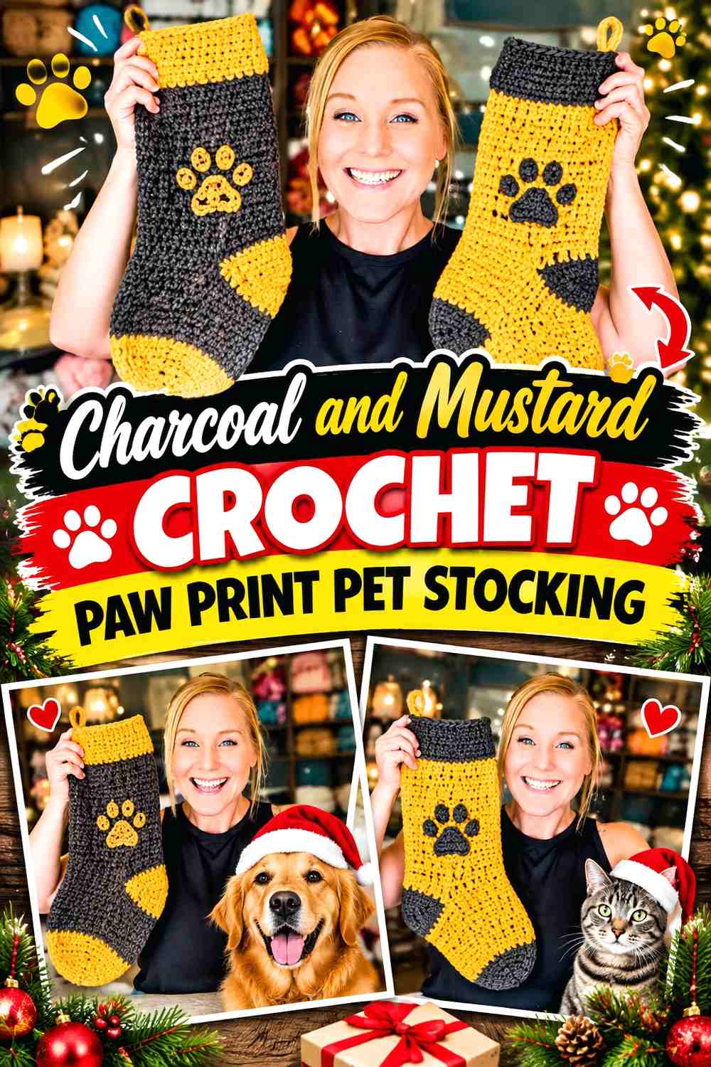 Charcoal and Mustard Crochet Paw Print Pet Stocking