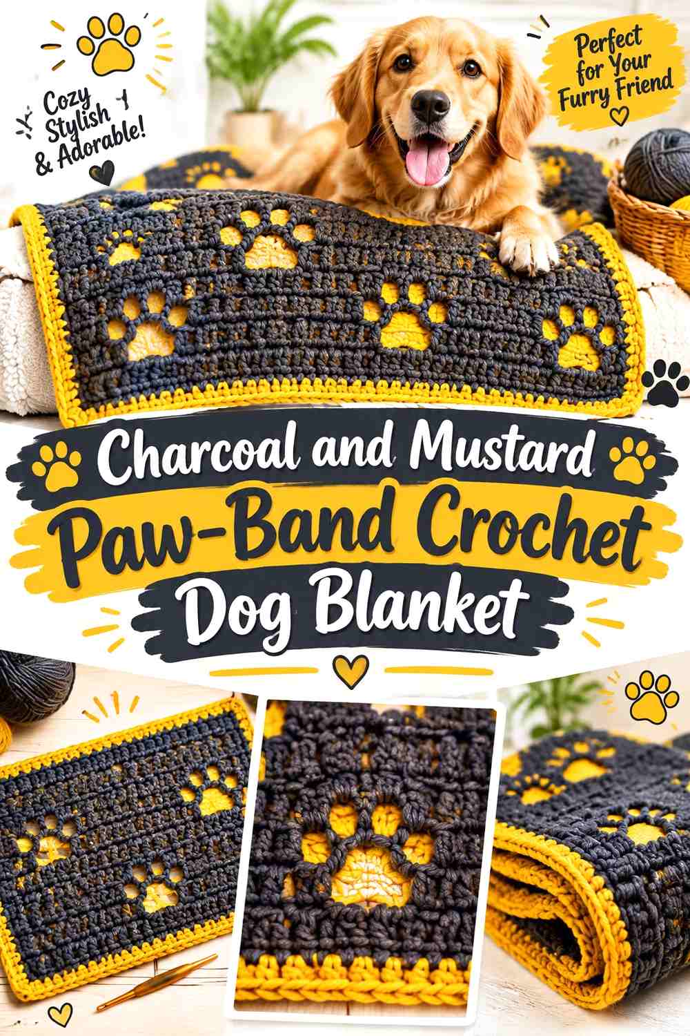 Charcoal and Mustard Paw-Band Crochet Dog Blanket