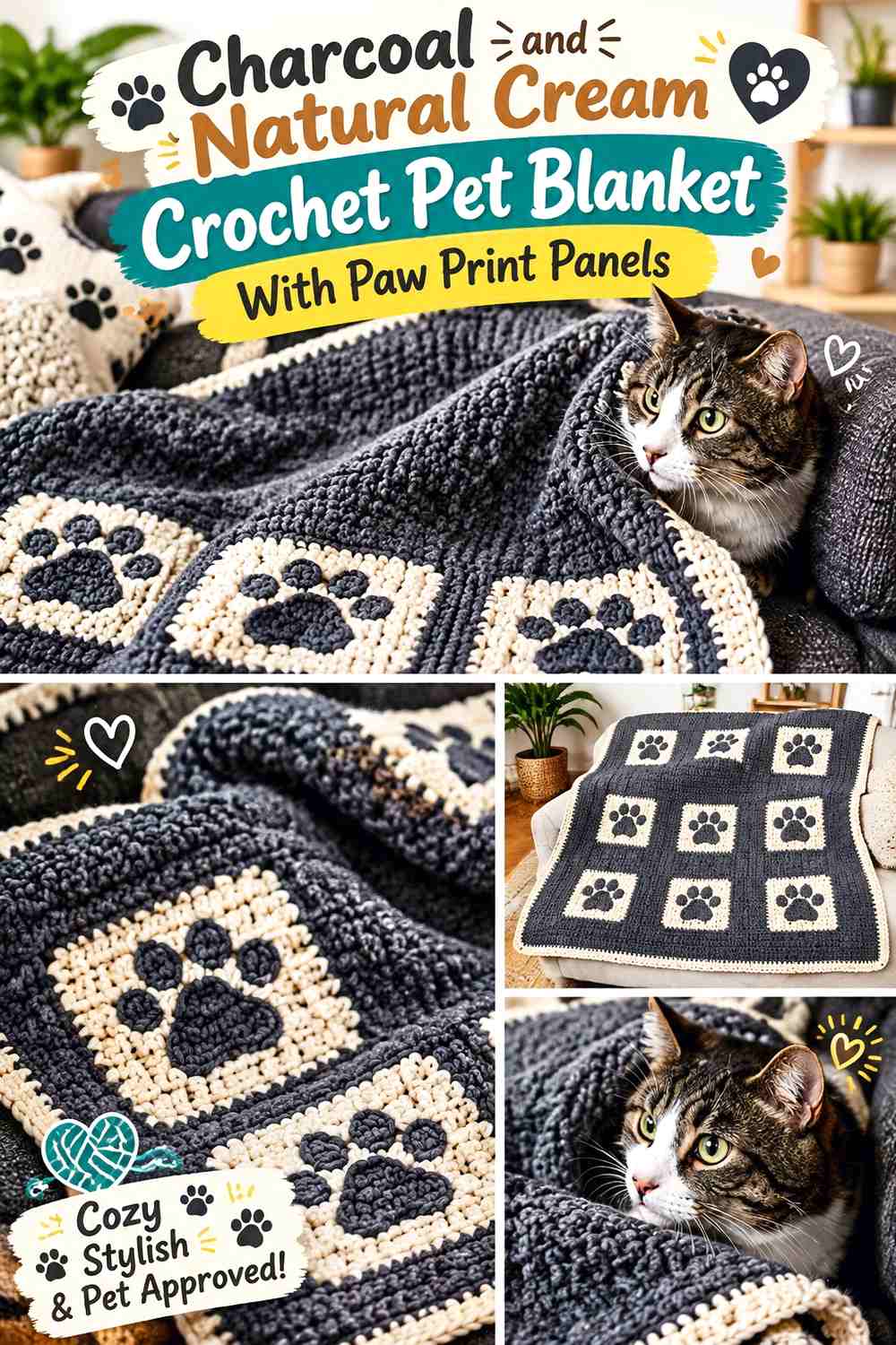 Charcoal and Natural Cream Crochet Pet Blanket With Paw Print Panels