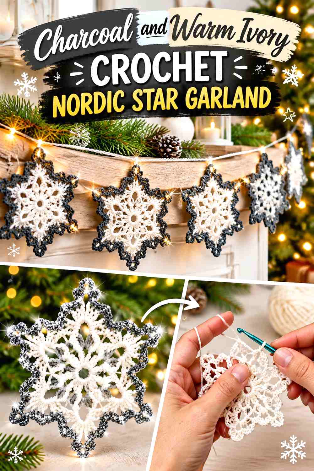 Charcoal and Warm Ivory Crochet Nordic Star Garland