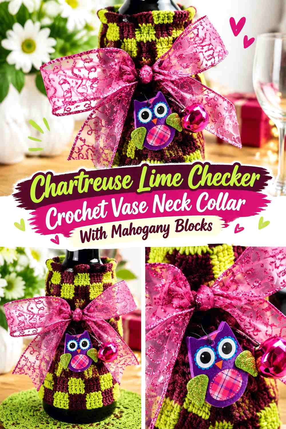 Chartreuse Lime Checker Crochet Vase Neck Collar With Mahogany Blocks