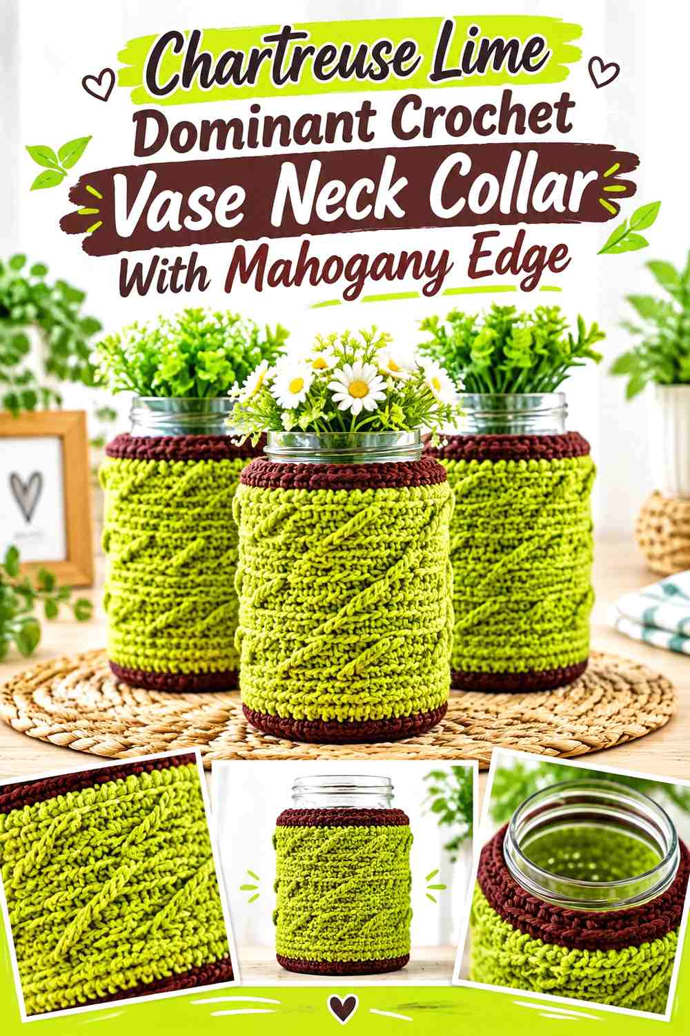 Chartreuse Lime Dominant Crochet Vase Neck Collar With Mahogany Edge
