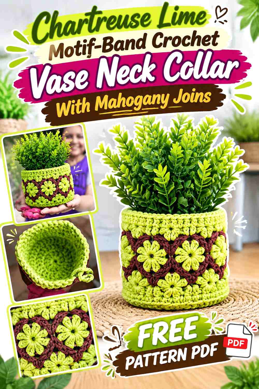 Chartreuse Lime Motif Band Crochet Vase Neck Collar With Mahogany Joins