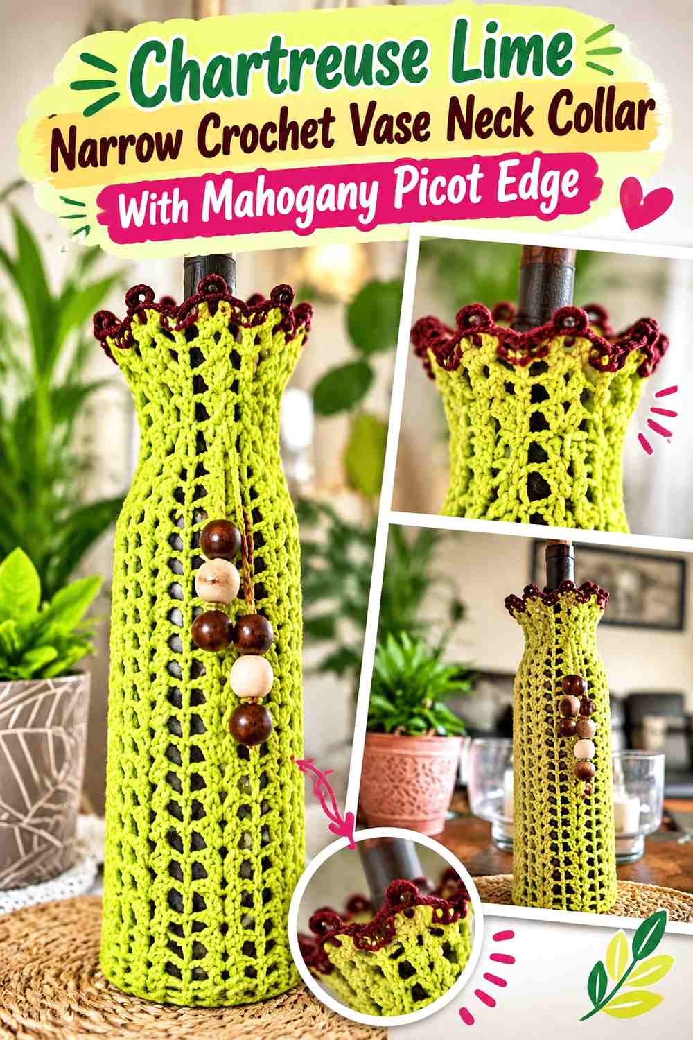 Chartreuse Lime Narrow Crochet Vase Neck Collar With Mahogany Picot Edge