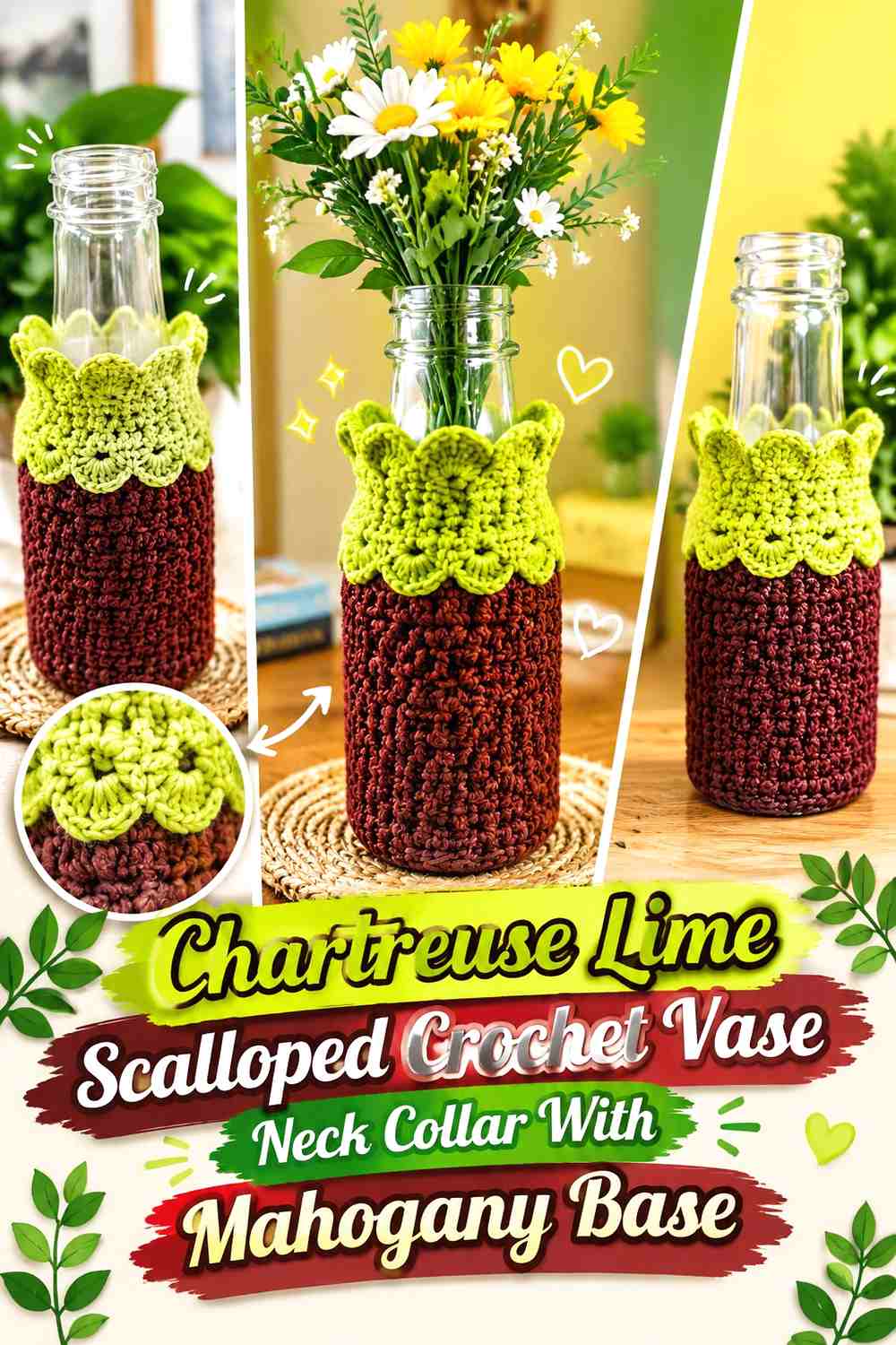 Chartreuse Lime Scalloped Crochet Vase Neck Collar With Mahogany Base
