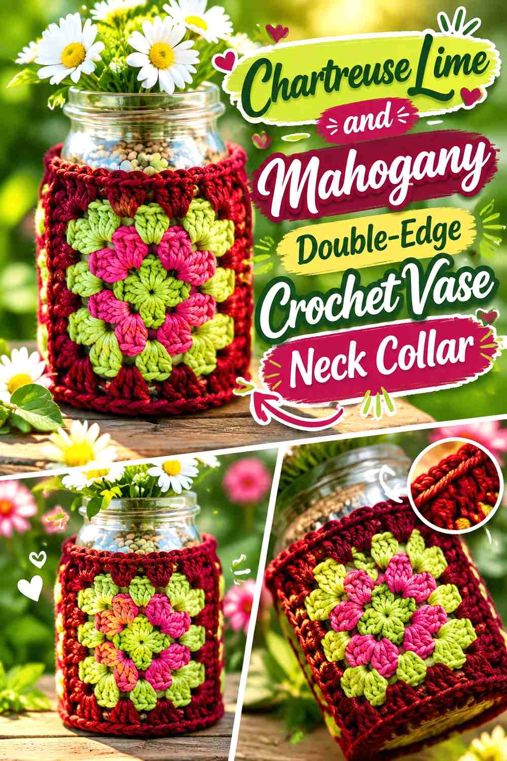 Chartreuse Lime and Mahogany Double Edge Crochet Vase Neck Collar