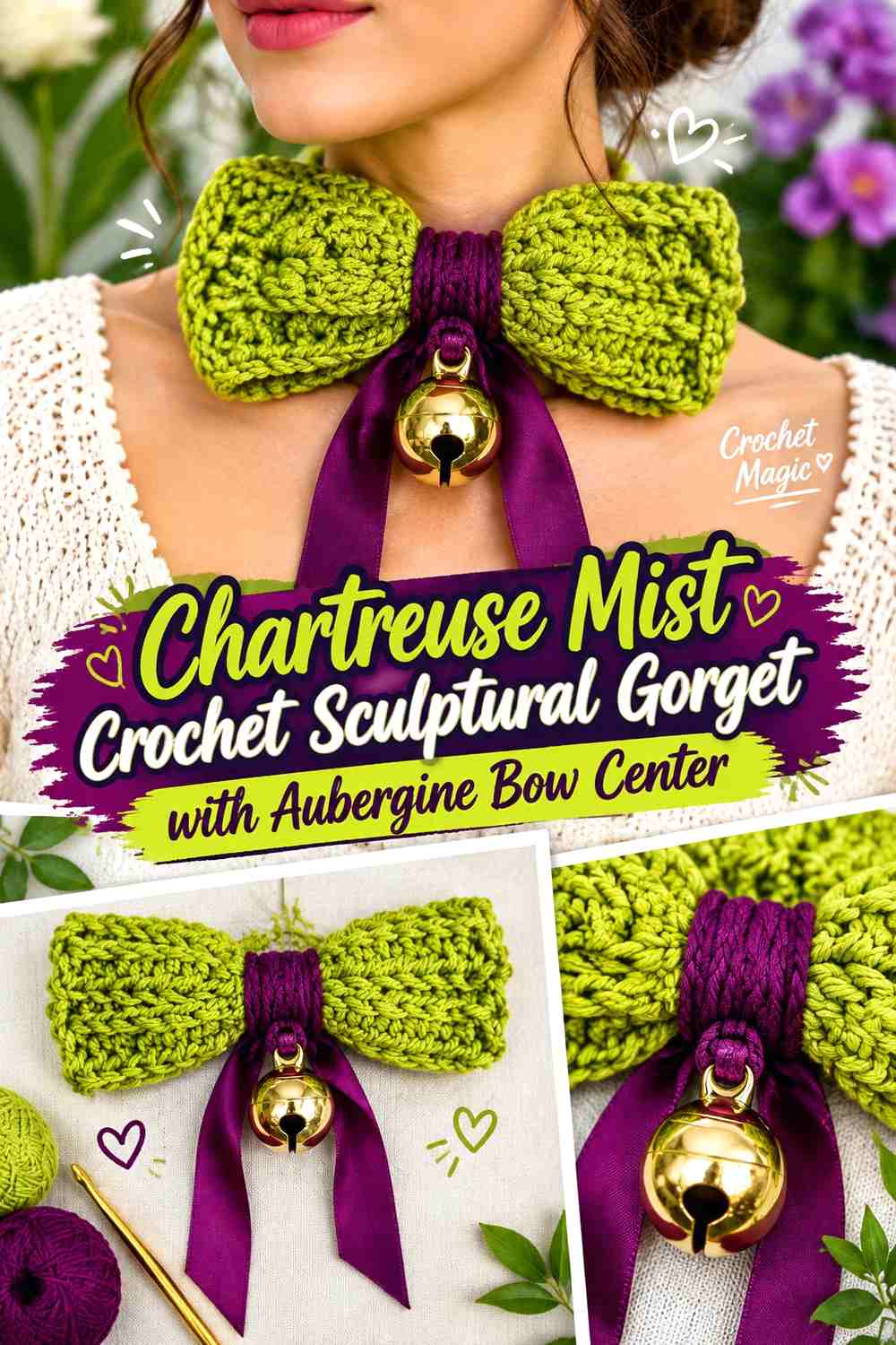 Chartreuse Mist Crochet Sculptural Gorget with Aubergine Bow Center