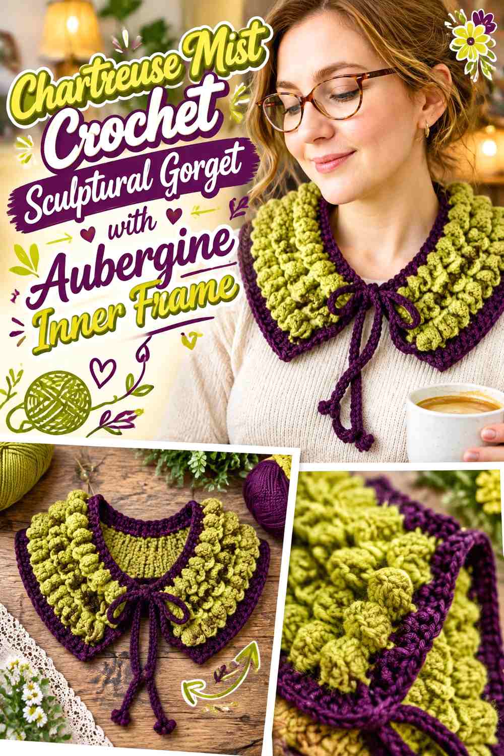 Chartreuse Mist Crochet Sculptural Gorget with Aubergine Inner Frame