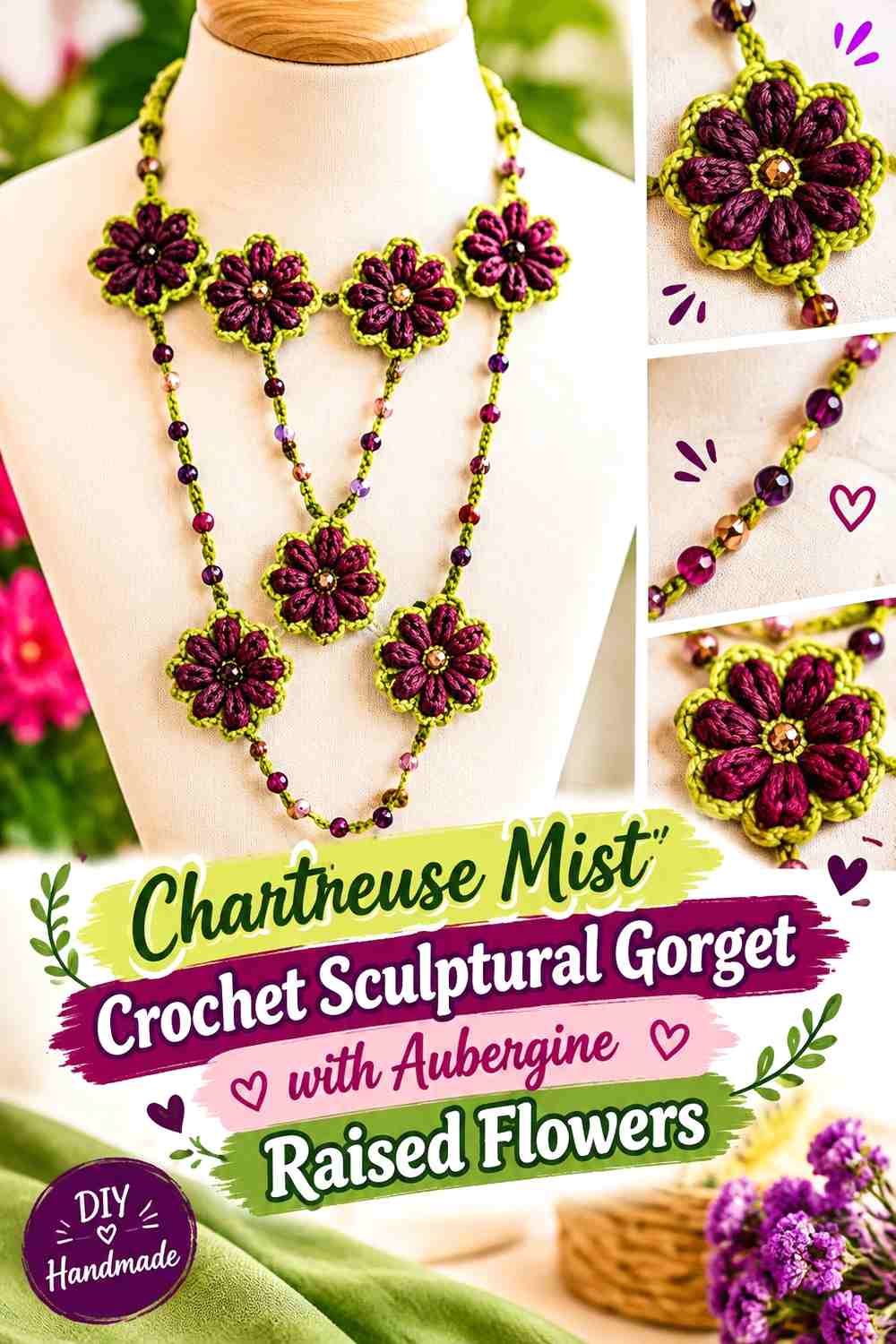 Chartreuse Mist Crochet Sculptural Gorget with Aubergine Raised Flowers