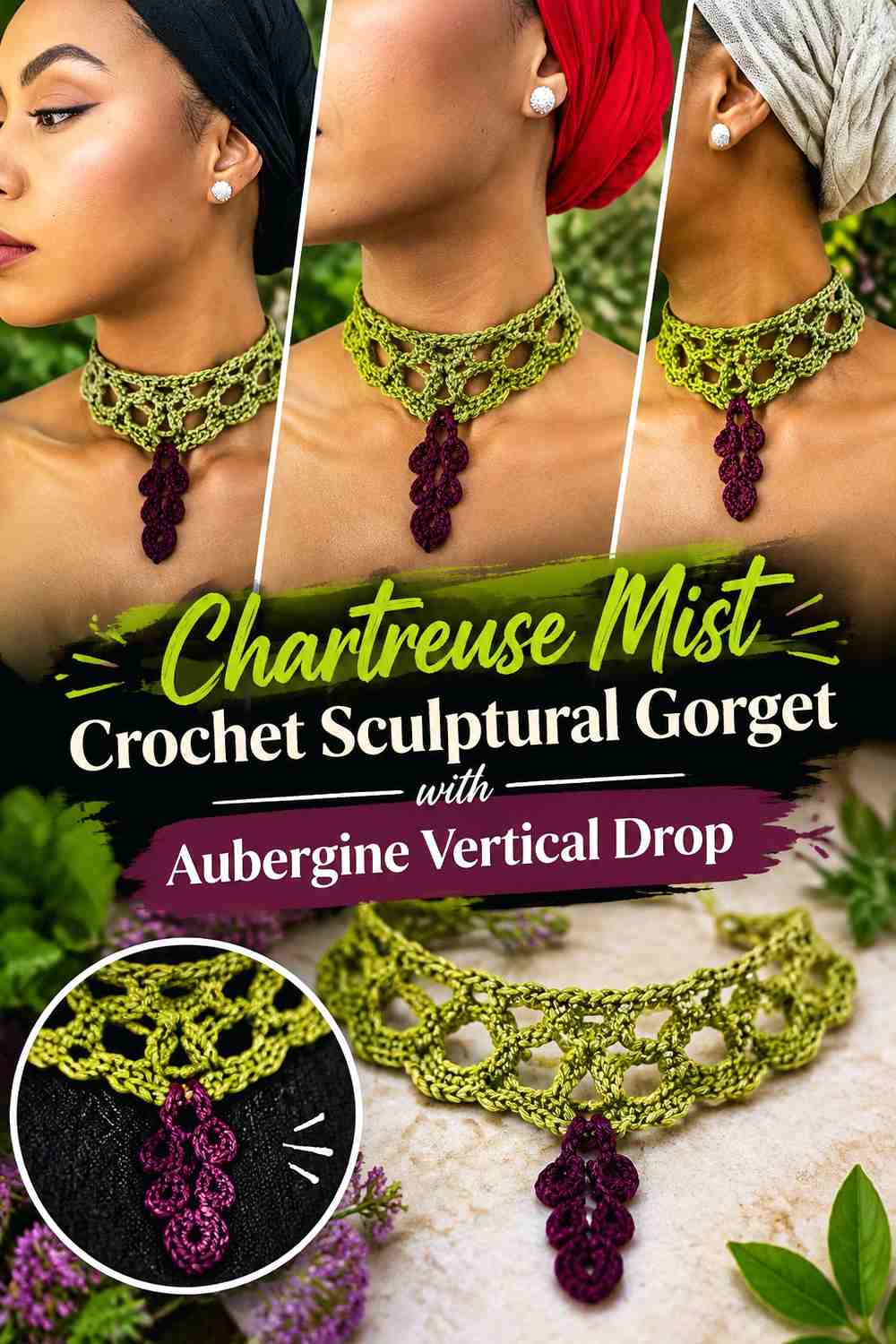 Chartreuse Mist Crochet Sculptural Gorget with Aubergine Vertical Drop