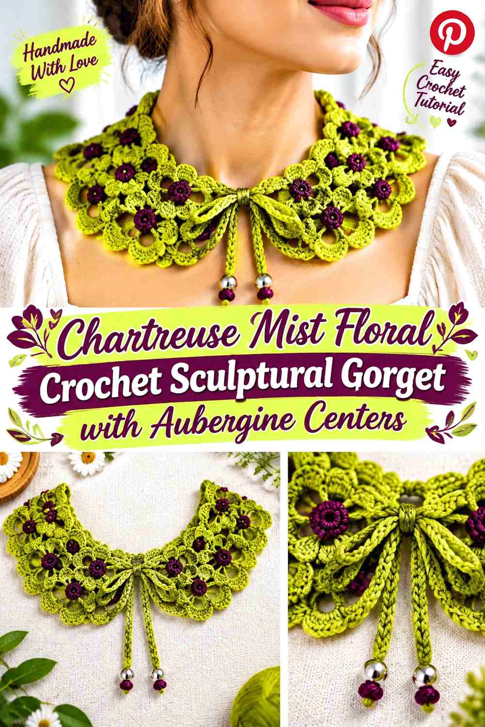 Chartreuse Mist Floral Crochet Sculptural Gorget with Aubergine Centers