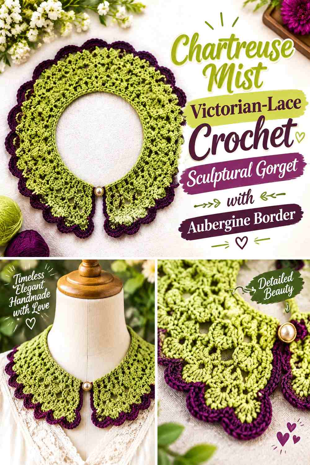 Chartreuse Mist Victorian-Lace Crochet Sculptural Gorget with Aubergine Border