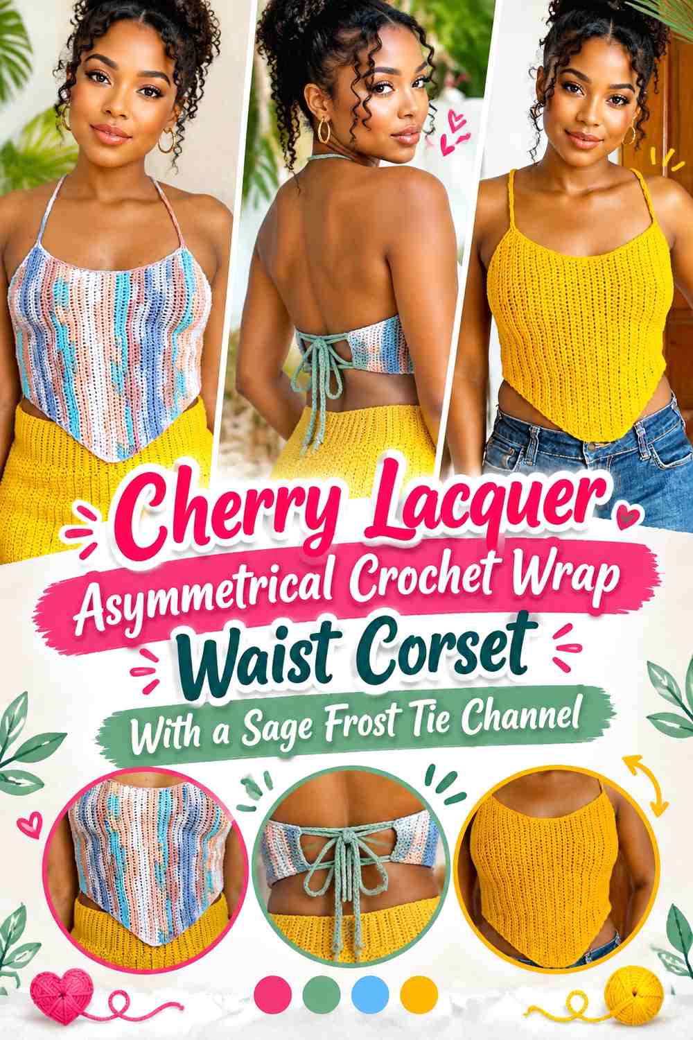Cherry Lacquer Asymmetrical Crochet Wrap Waist Corset With a Sage Frost Tie Channel