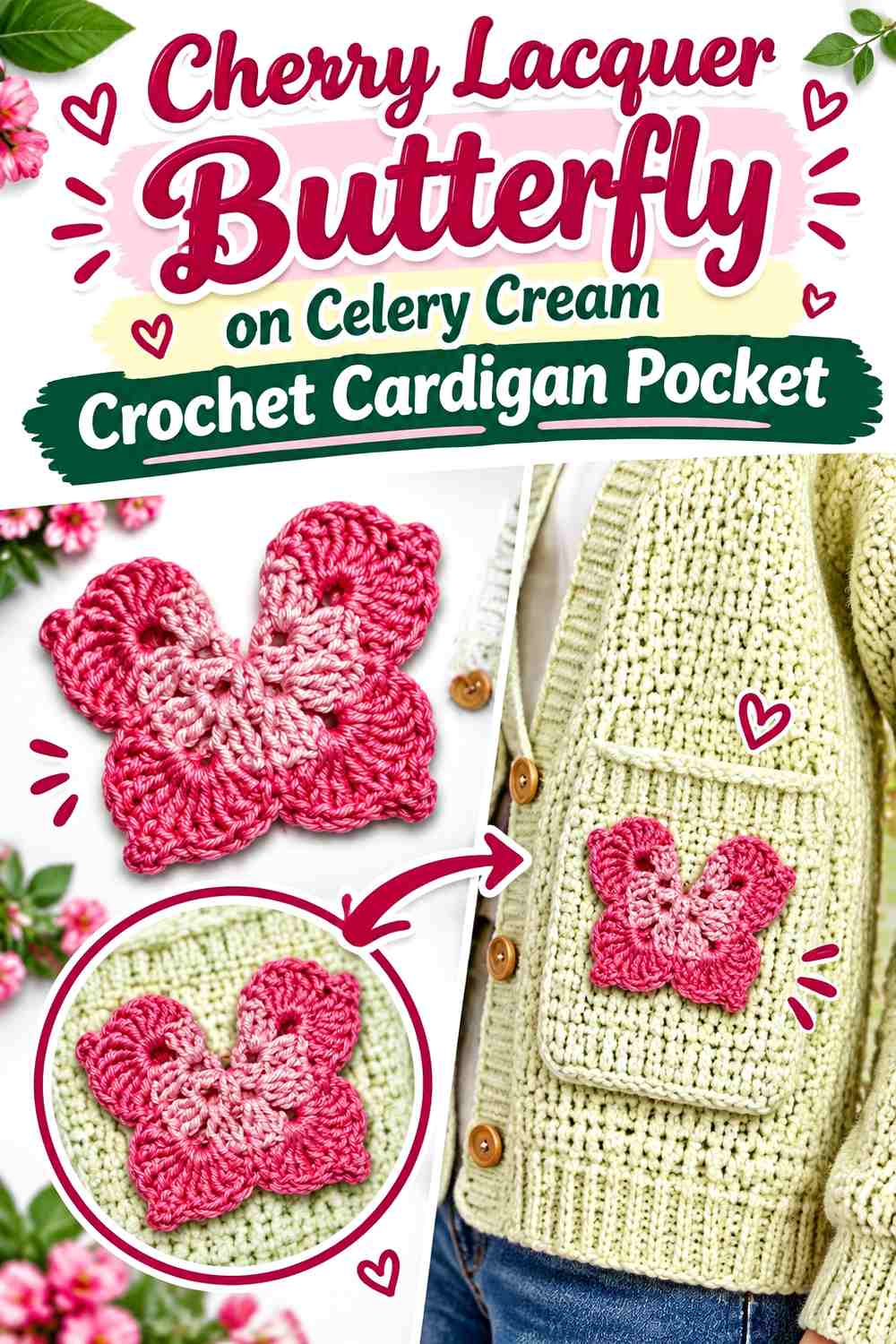 Cherry Lacquer Butterfly on Celery Cream Crochet Cardigan Pocket