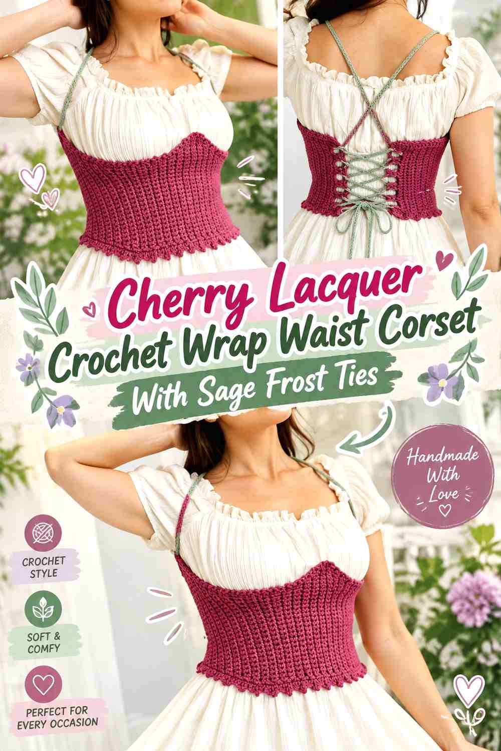Cherry Lacquer Crochet Wrap Waist Corset With Sage Frost Ties