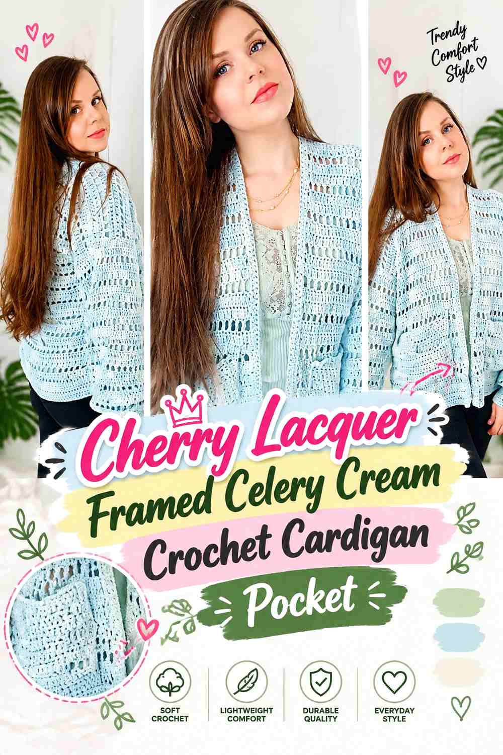 Cherry Lacquer Framed Celery Cream Crochet Cardigan Pocket