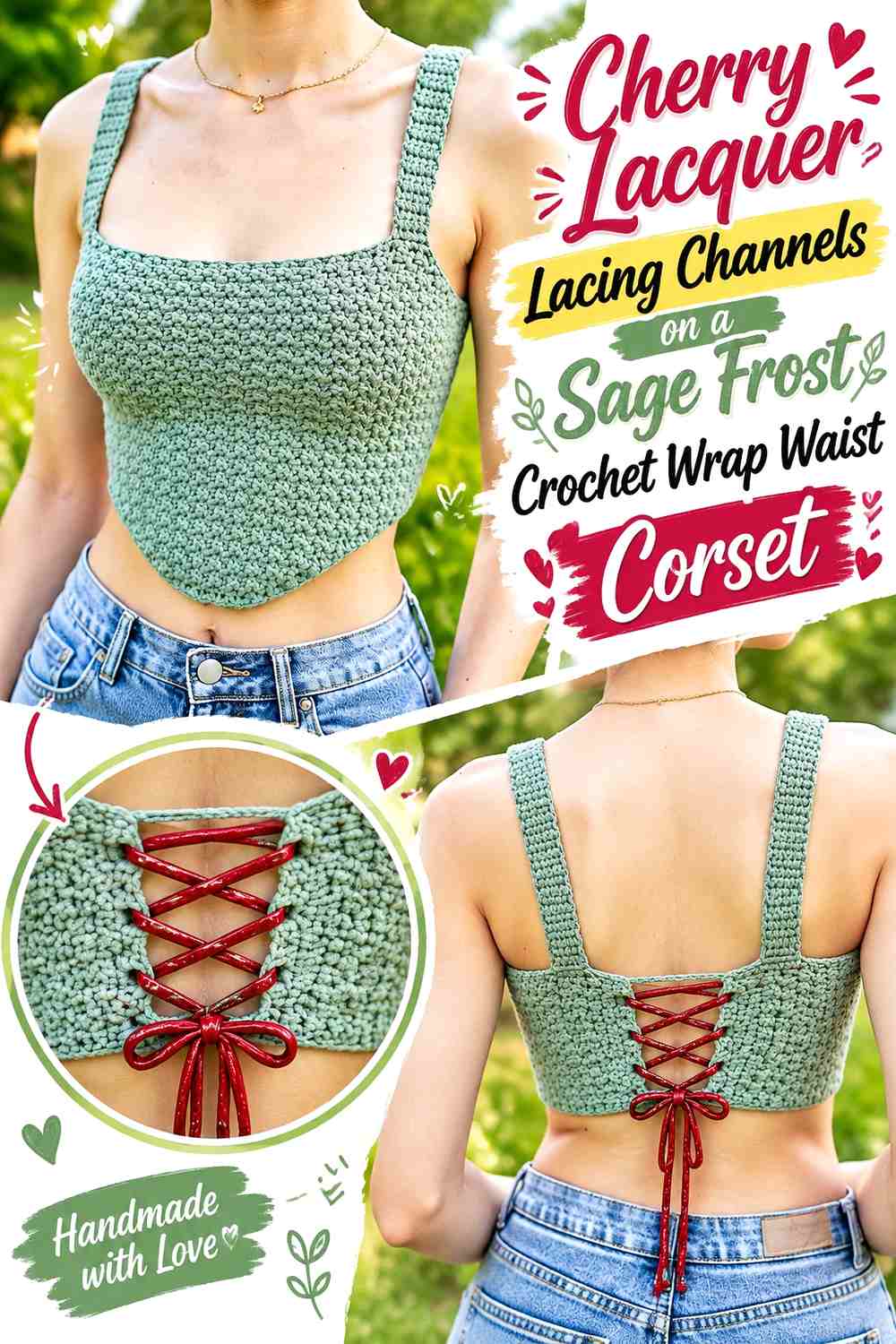 Cherry Lacquer Lacing Channels on a Sage Frost Crochet Wrap Waist Corset