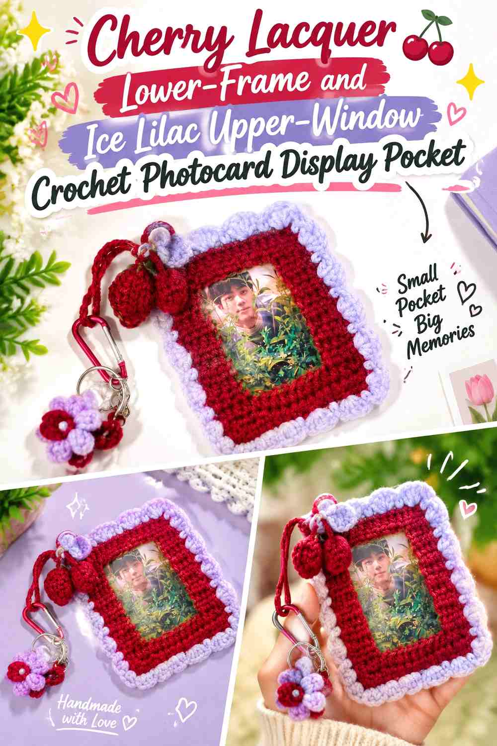 Cherry Lacquer Lower-Frame and Ice Lilac Upper-Window Crochet Photocard Display Pocket