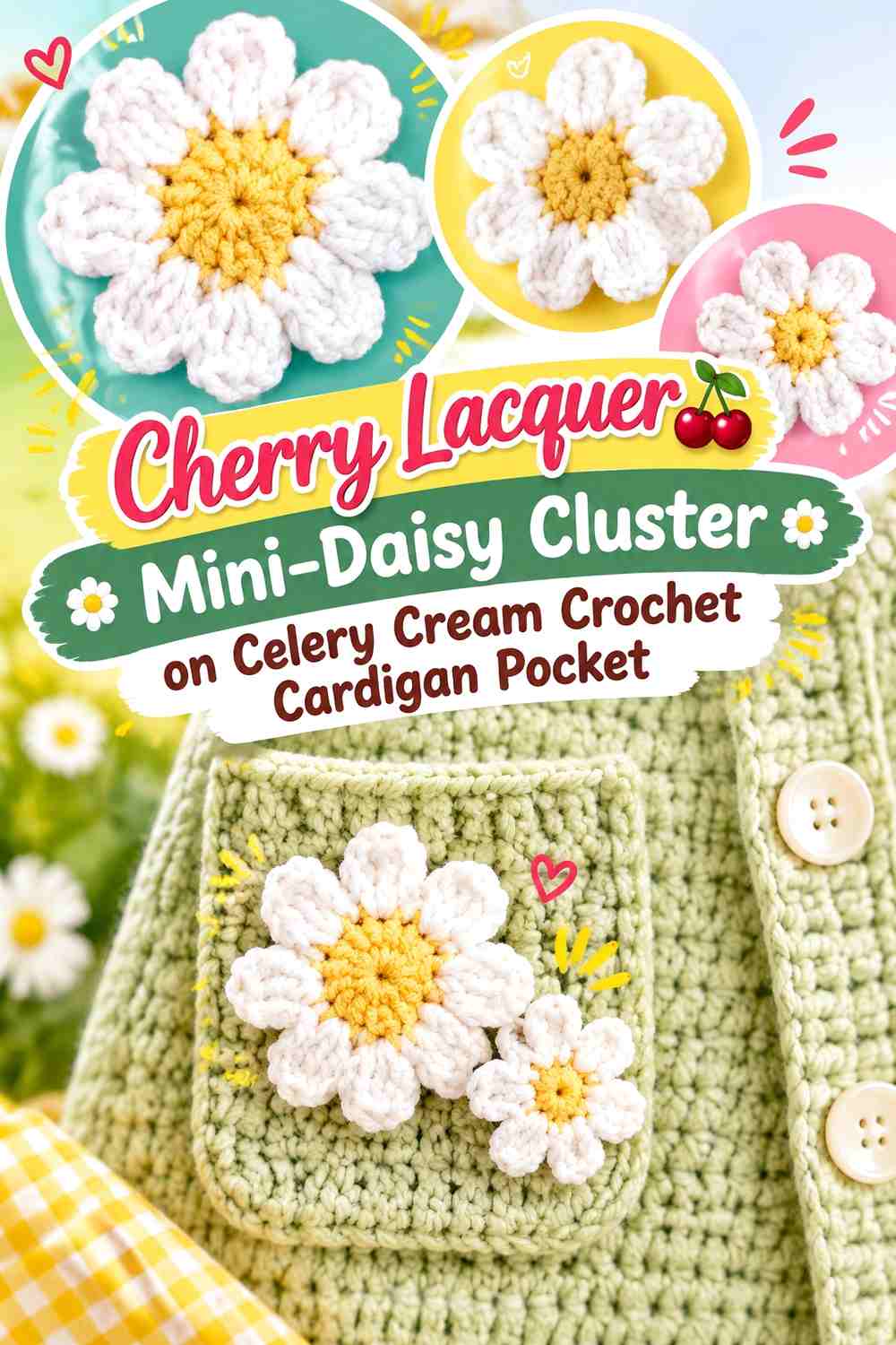 Cherry Lacquer Mini-Daisy Cluster on Celery Cream Crochet Cardigan Pocket