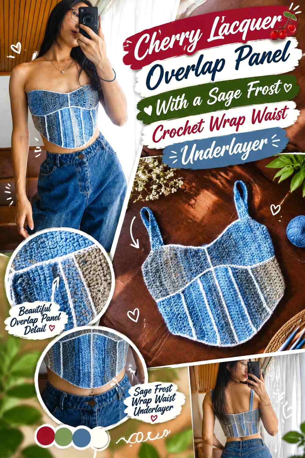 Cherry Lacquer Overlap Panel With a Sage Frost Crochet Wrap Waist Underlayer