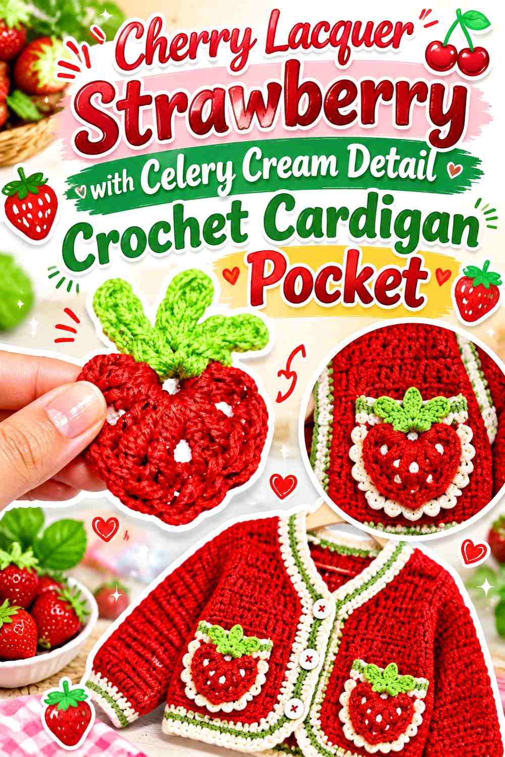 Cherry Lacquer Strawberry with Celery Cream Detail Crochet Cardigan Pocket