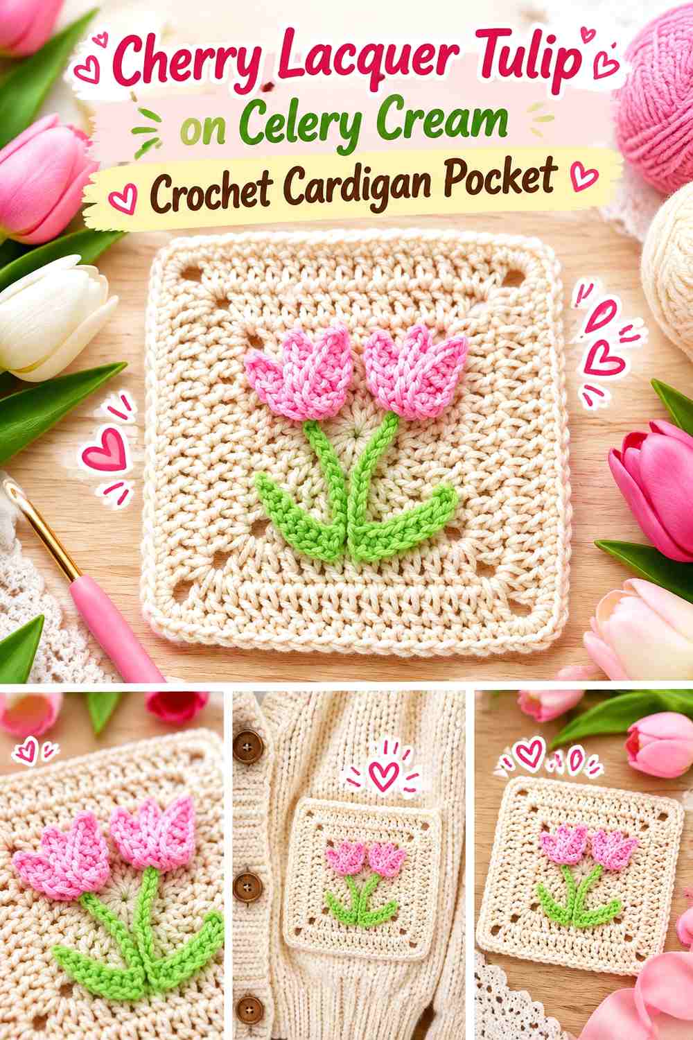 Cherry Lacquer Tulip on Celery Cream Crochet Cardigan Pocket