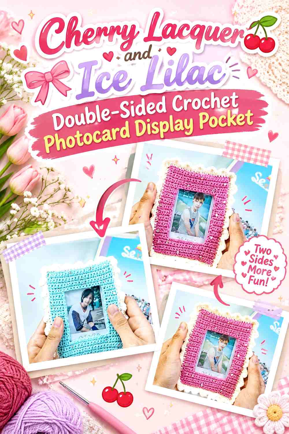 Cherry Lacquer and Ice Lilac Double-Sided Crochet Photocard Display Pocket