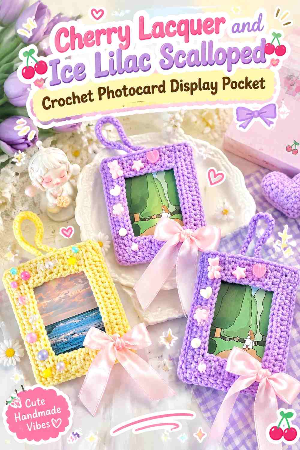 Cherry Lacquer and Ice Lilac Scalloped Crochet Photocard Display Pocket