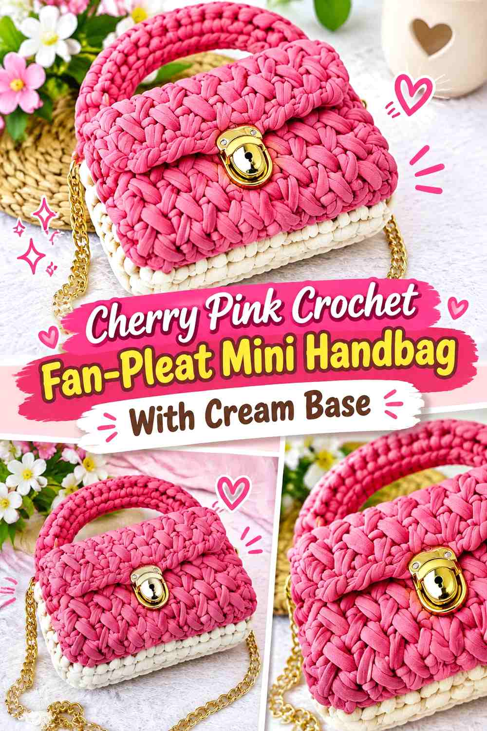 Cherry Pink Crochet Fan-Pleat Mini Handbag With Cream Base