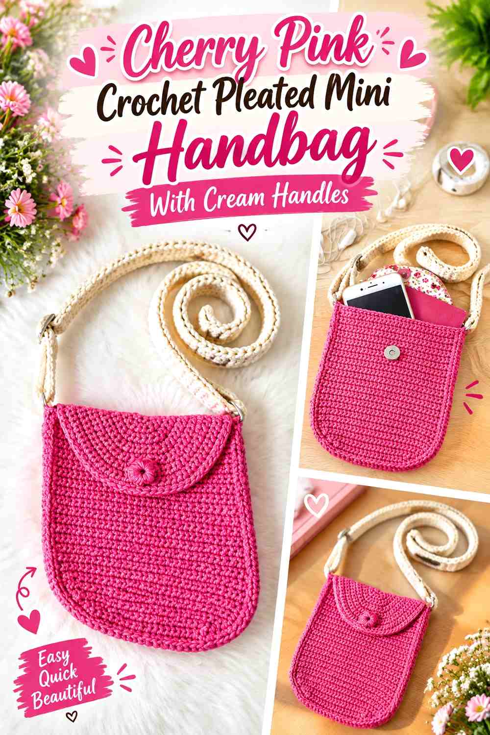 Cherry Pink Crochet Pleated Mini Handbag With Cream Handles