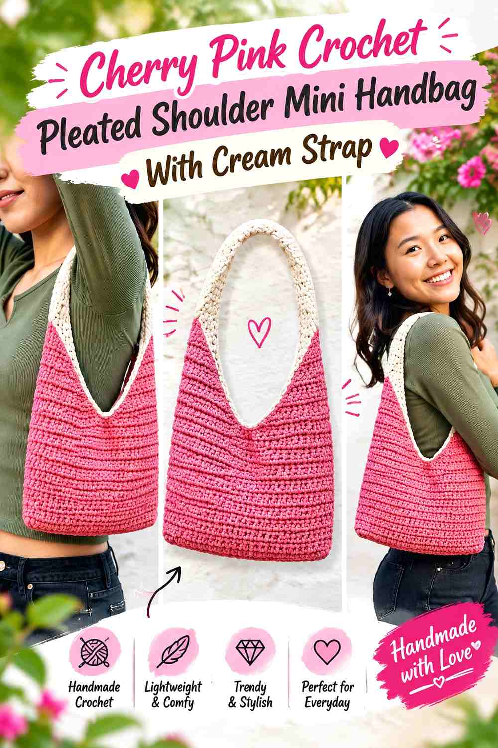 Cherry Pink Crochet Pleated Shoulder Mini Handbag With Cream Strap